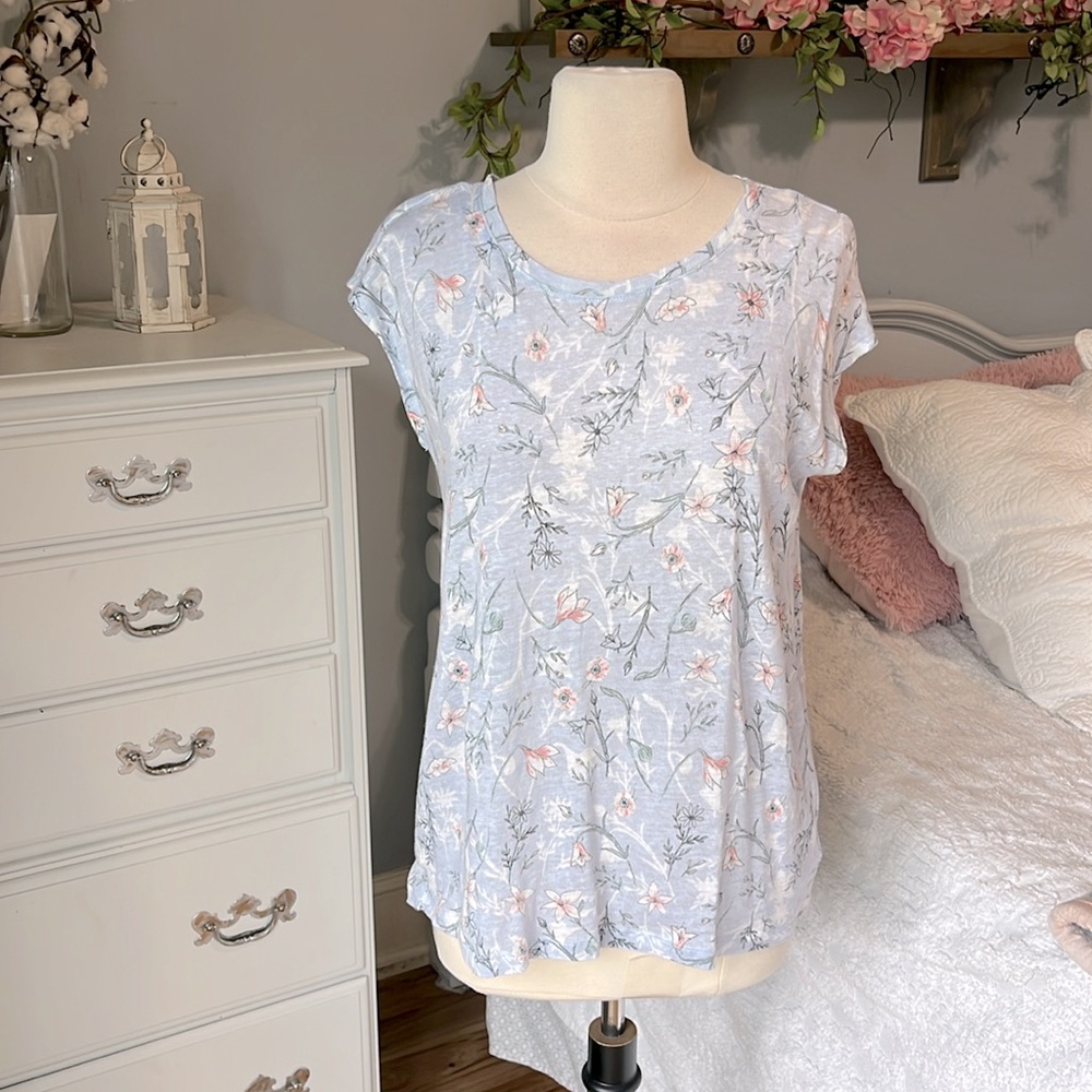 Pastel Blue Linen Floral Top